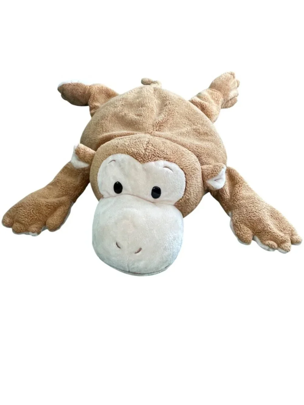 Brown Plush Monkey Stuffed Animal Toy With Beads Soft White Face & Belly Laying
